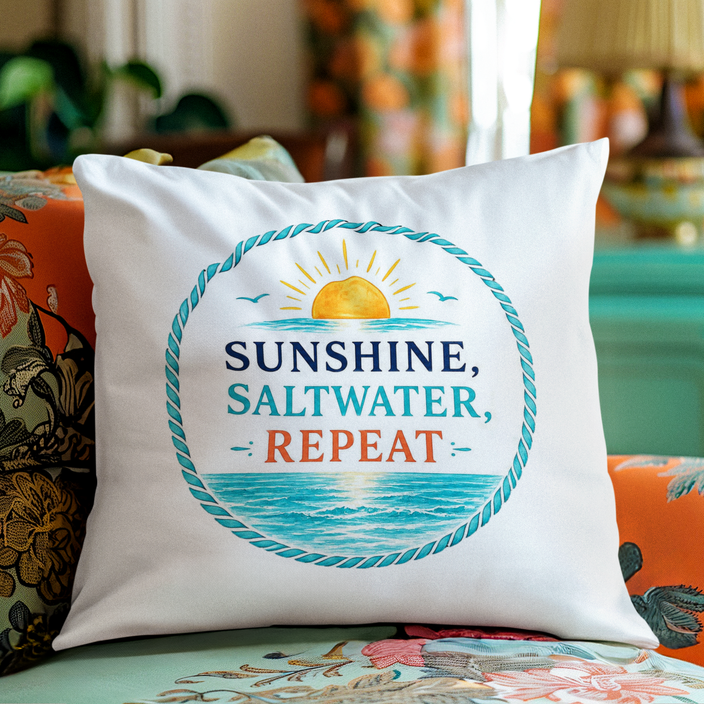 Sunshine, Saltwater, Repeat Throw Pillow