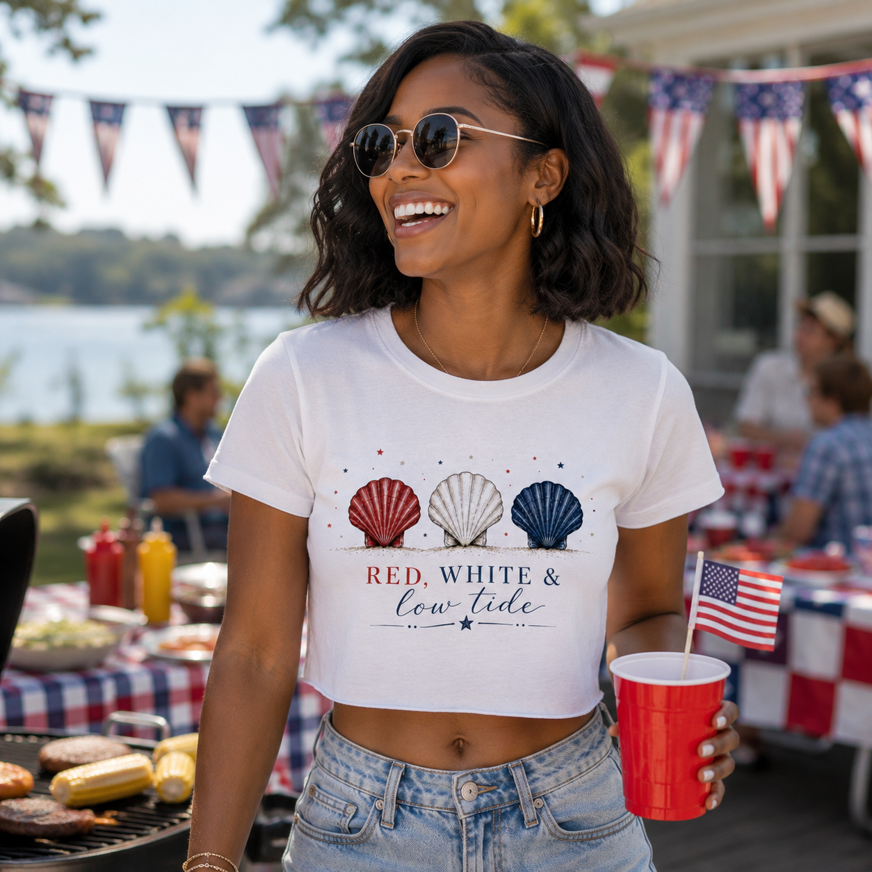 Red, White, & Low Tide Crop Top
