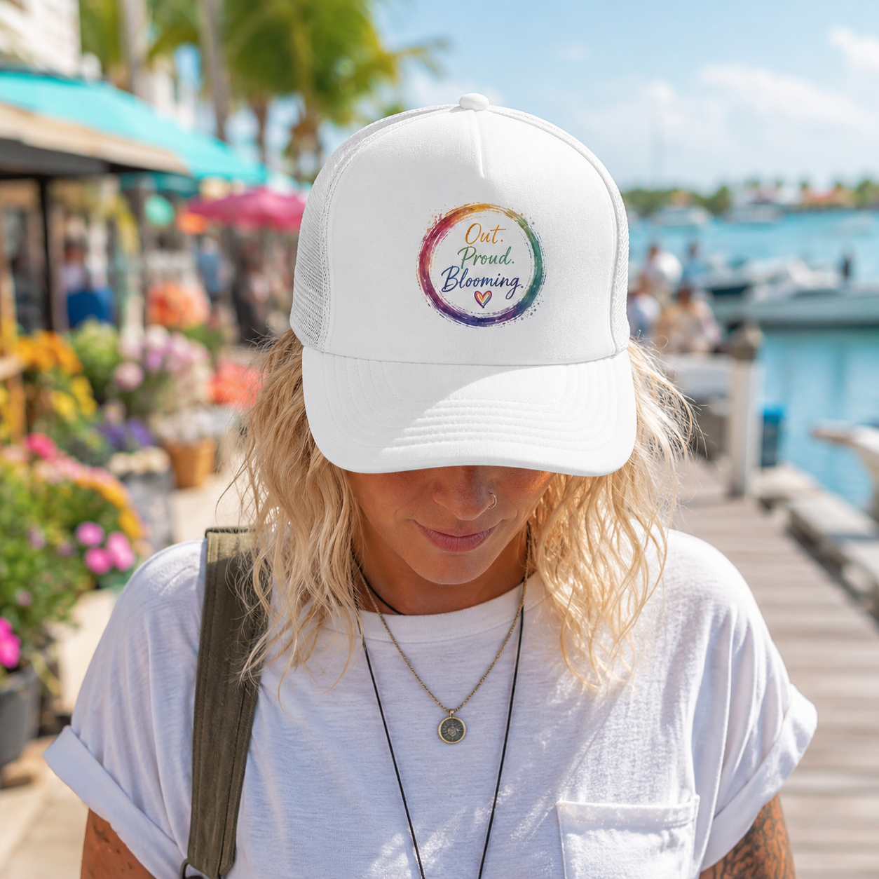 Out. Proud. Blooming. Trucker Hat